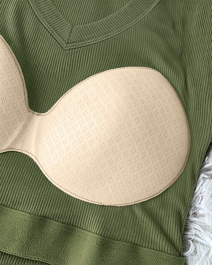 Women's V Neck Long Sleeve Ribbed Knit Top Slim Fit Base Layer Shirt Soft Stretchy Casual Tee with Built-in Bra
