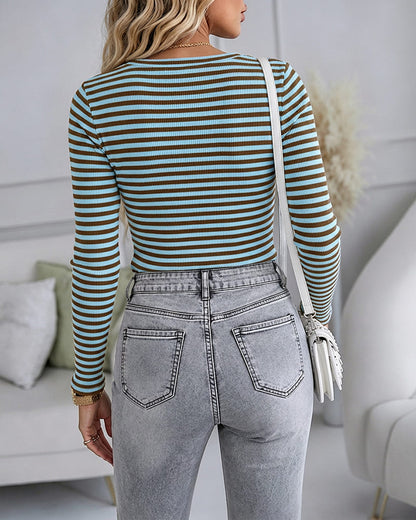 Women's Striped Henley Ribbed Long Sleeve Top Slim Fit Tee