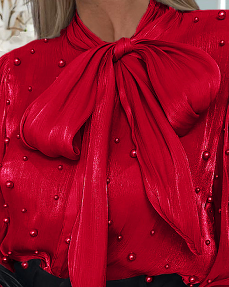 Tie Neck Beaded Long Sleeve Tied Detail Blouses Casual Shirts