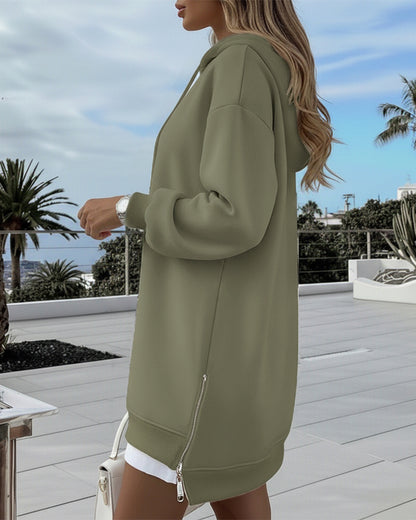 Long Sleeve Pocket Design Pullover Sweatshirt Casual Faux Two Piece Longline Drawstring Hooded Top