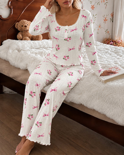 Women's Floral Bow Print Frill Trim Pajama Set Lace U-Neck Henley Long Sleeve Top and Pants Lounge Set