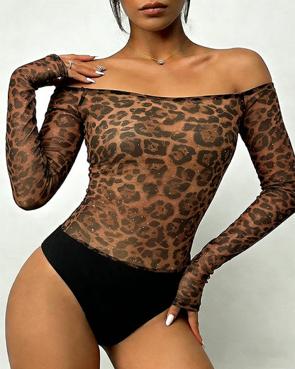 Allover Rhinestone Decor Leopard Print Off Shoulder Long Sleeve Slim Fit Sheer Mesh Bodysuit with Thumb Hole Cuffs