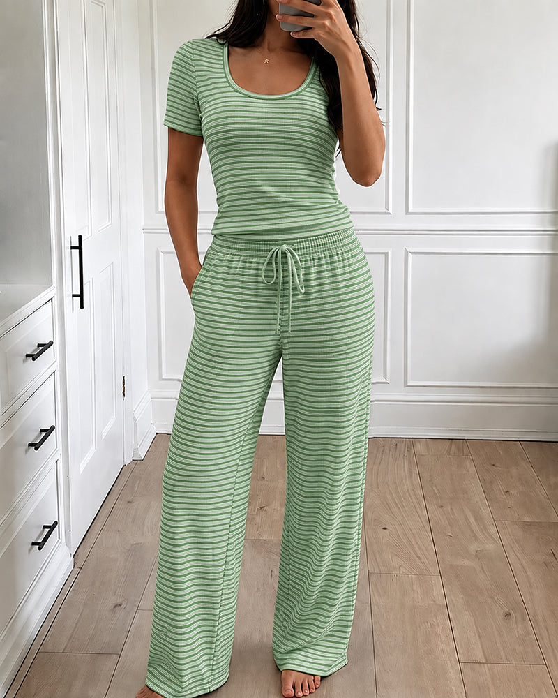 Women's 2 Piece Striped Pajama Set Short Sleeve Square Neck Crop Top and Wide Leg Pants Casual Loungewear