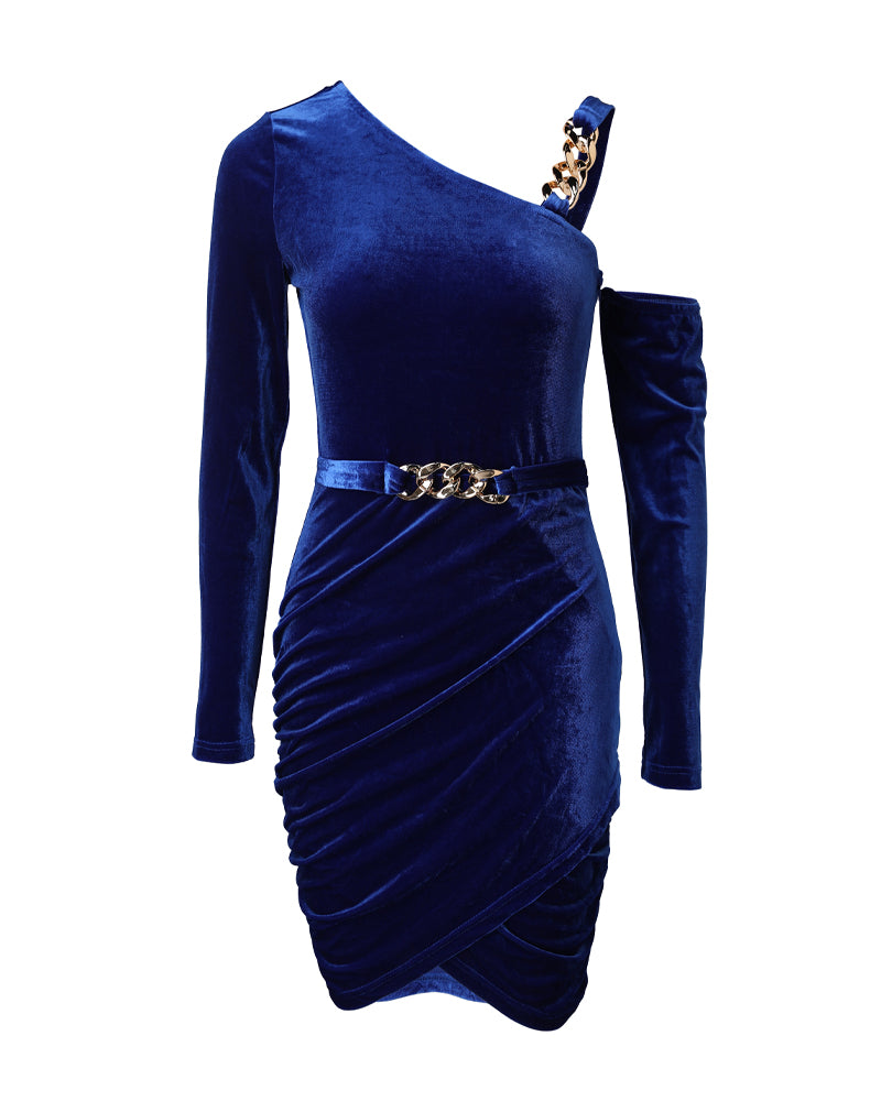 Women's Asymmetrical Neck Gold Chain Detail Ruched Velvet Bodycon Mini Dress