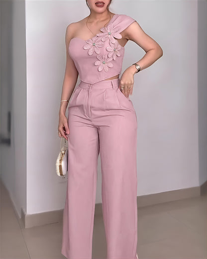 2 Pieces Outfit Rhinestone Decor 3D Floral Applique One Shoulder Sleeveless Shirred Back Crop Top and High Waist Zipper Fly Elastic Back Waist Wide Leg Pants Set