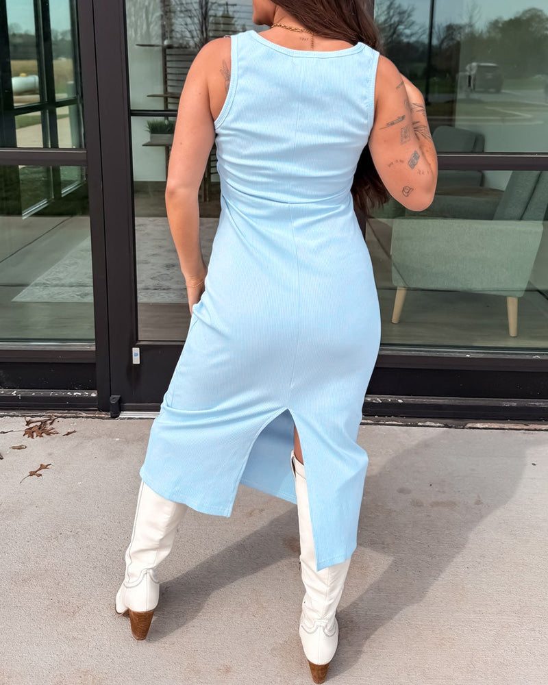 Women's Ribbed Midi Dress Metal Buckle Strap U Neck Bodycon Tank Dress Slit Knit Sundress
