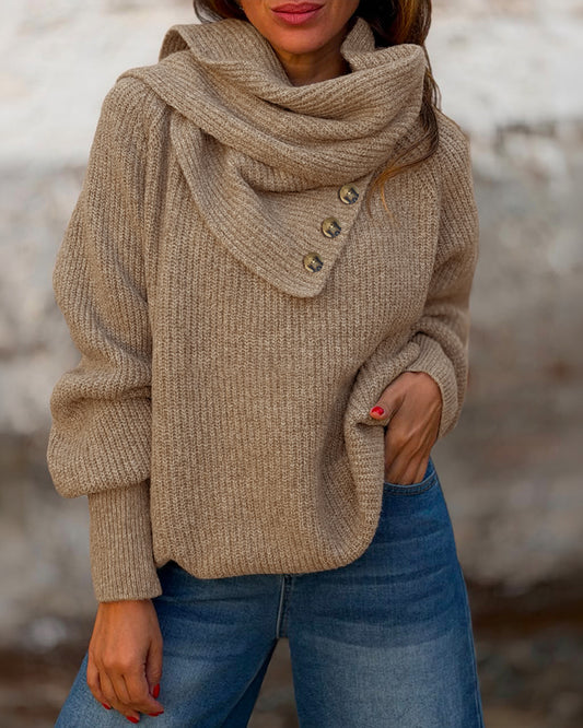 Women's Wrap-Style Cowl Collar Knit Sweater Casual Pullover