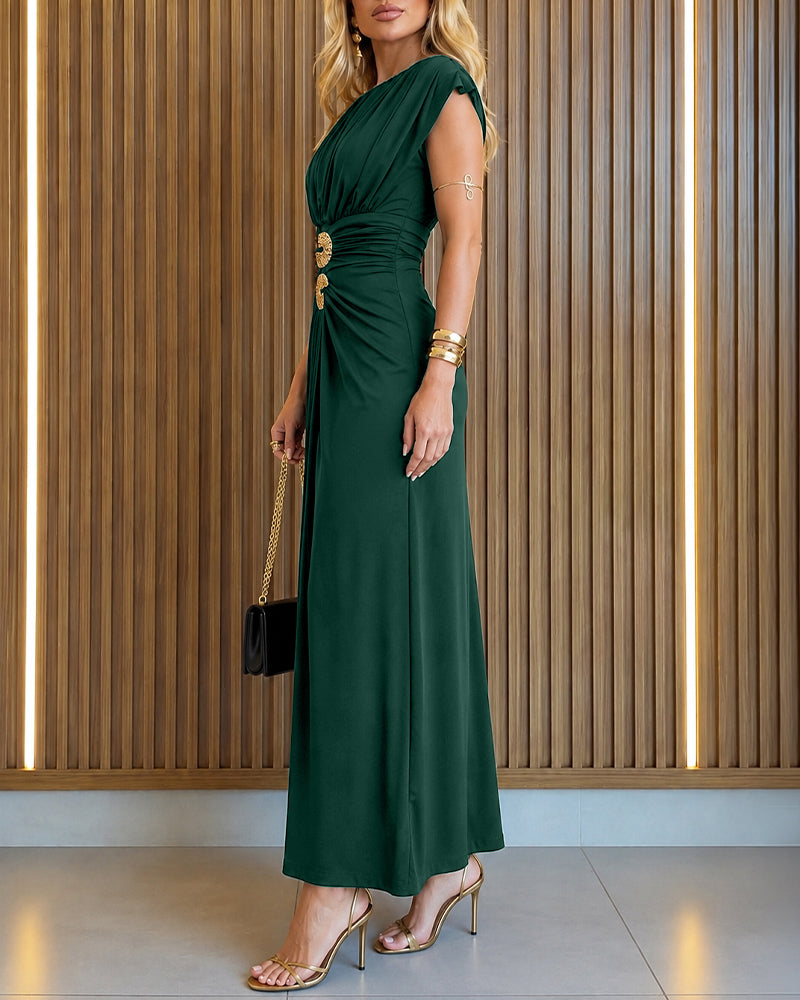 Women's Boat Neck Ruched Maxi Dress Gold Buckle Cap Sleeve Formal Evening Gown