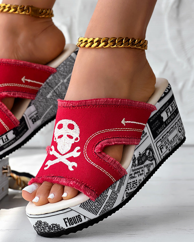 Newspaper Buckled Denim Wedge Slippers