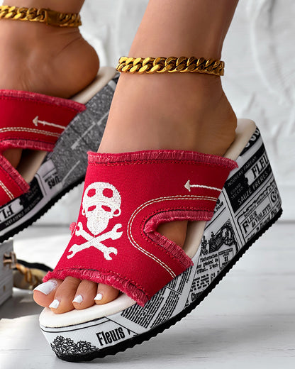 Newspaper Buckled Denim Wedge Slippers