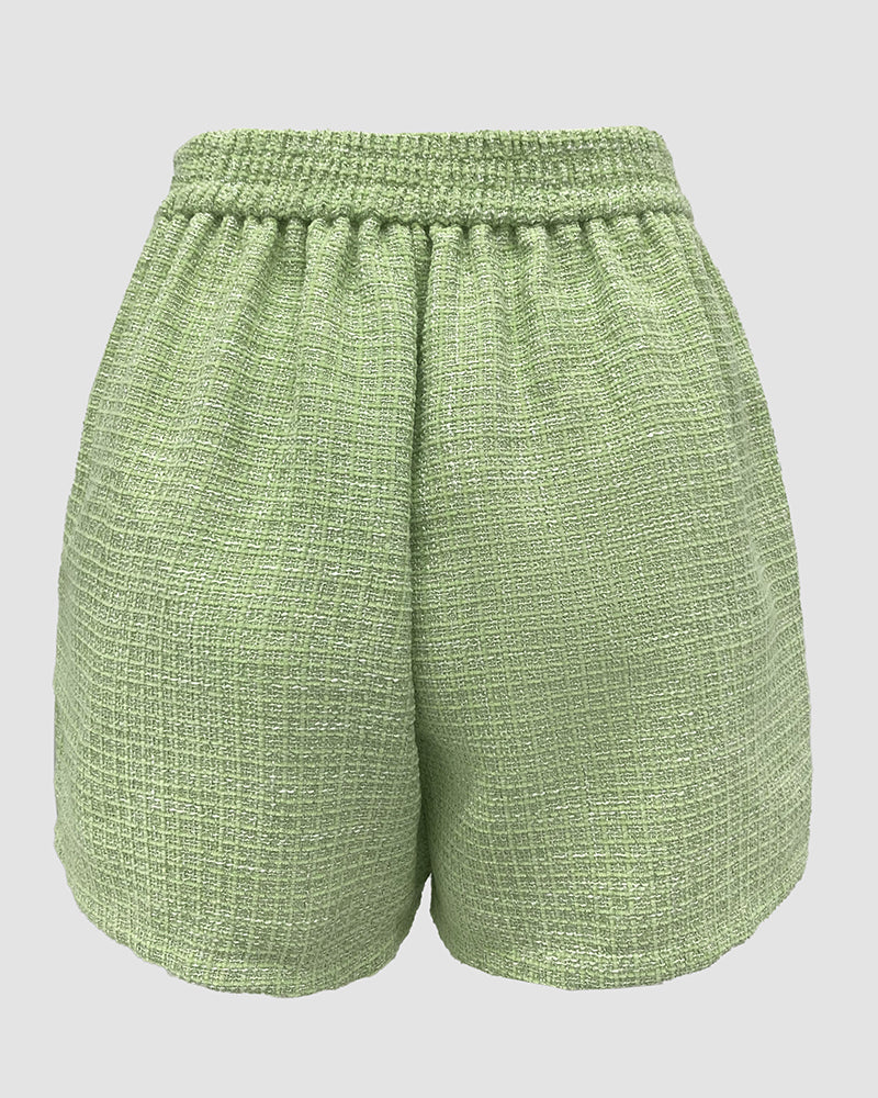 2 Pieces Outfit Tweed Shoulder 3D Flower Decor Sleeveless Vest and Casual Shorts Set