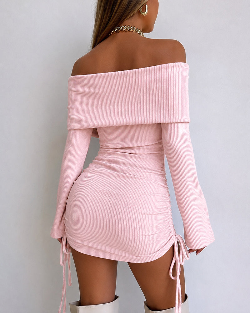 Women's Foldover Off Shoulder Long Sleeve Ruched Mini Dress Drawstring Bodycon Dress