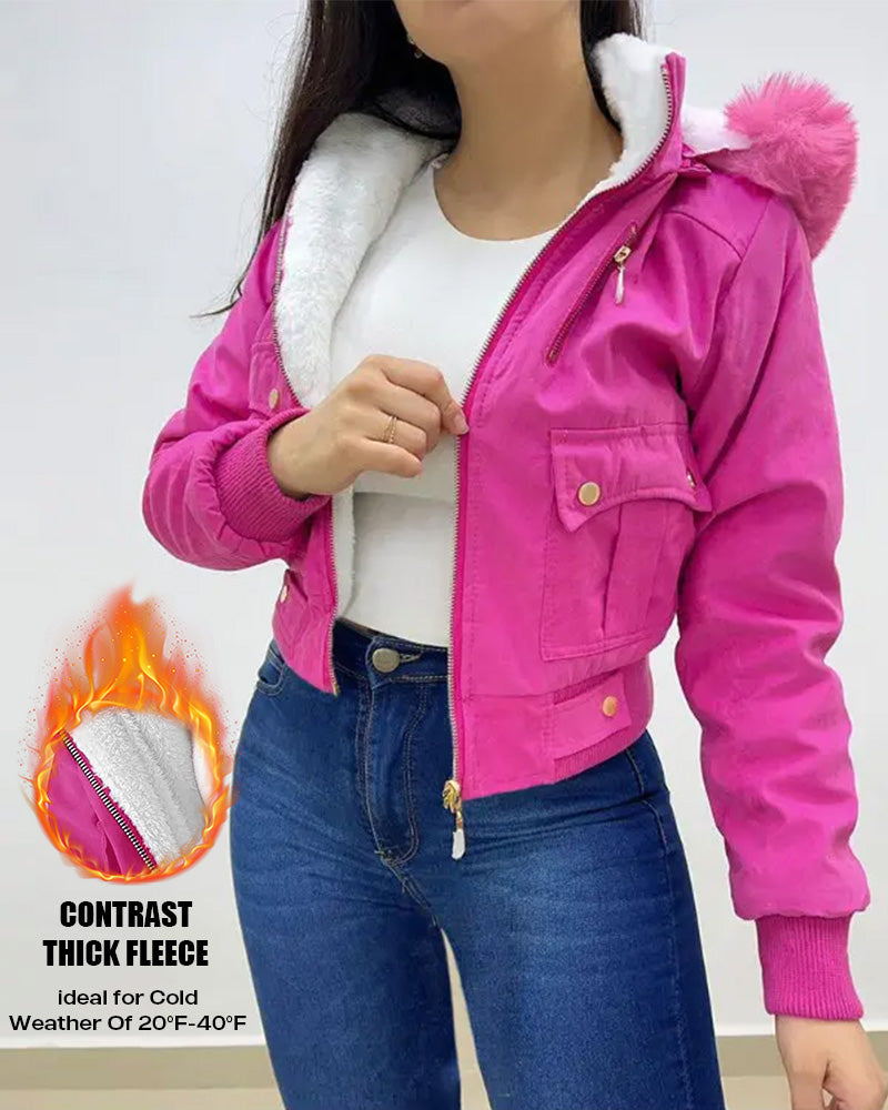 Fuzzy Trim Jacket Hooded Zip Up Fleece Lined Coat Outwear Pockets
