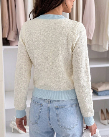 Women's Contrast Binding Knit Cardigan Pearl Beaded Textured Cropped Sweater Elegant Rhinestone Button Coat