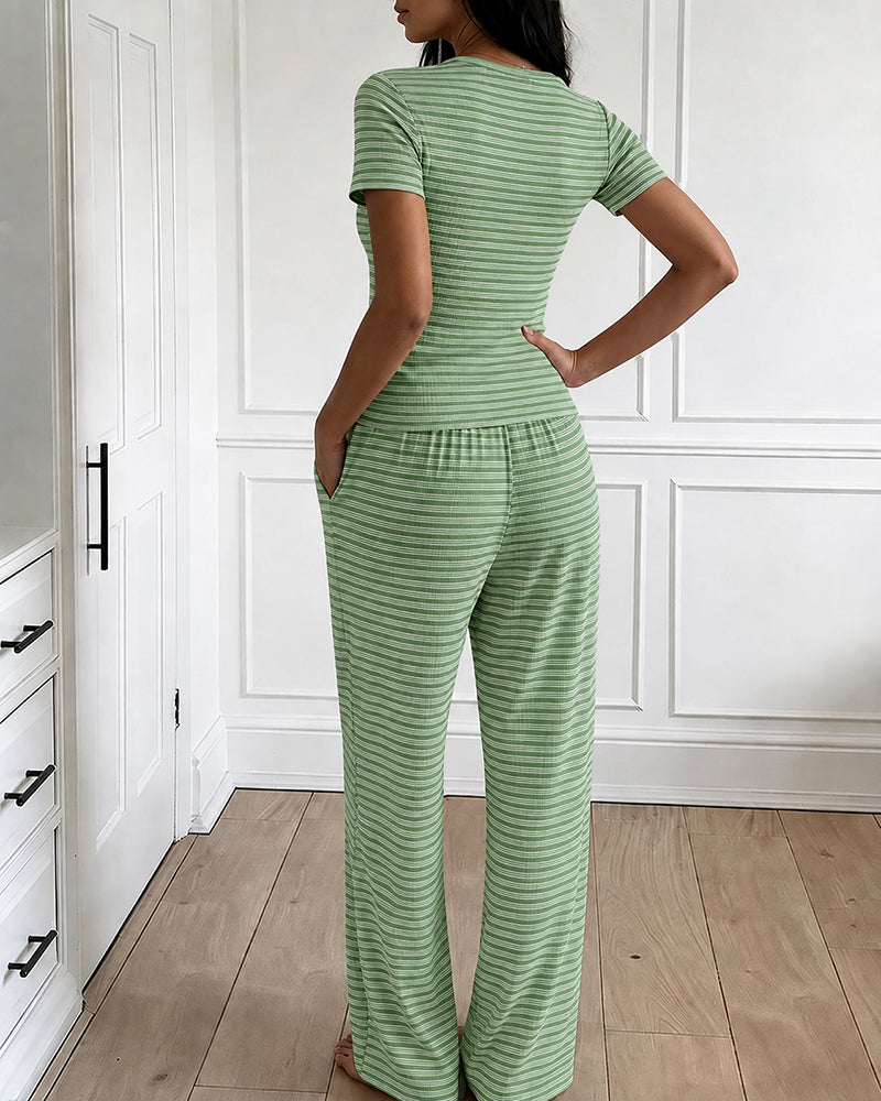 Women's 2 Piece Striped Pajama Set Short Sleeve Square Neck Crop Top and Wide Leg Pants Casual Loungewear