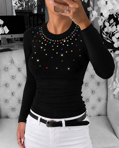 Women's Colorful Rhinestone Crew Neck Ribbed Long Sleeve Slim Fit Top