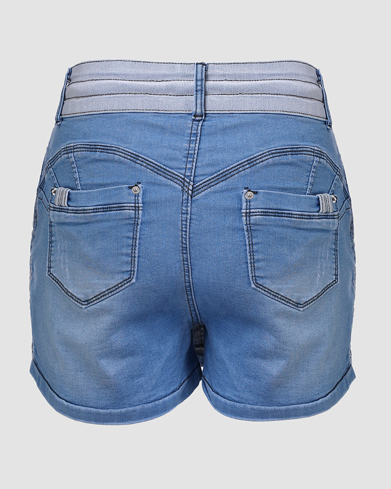 Contrast Paneled Zipper Fly Drawstring Elastic Waist Casual Denim Skort