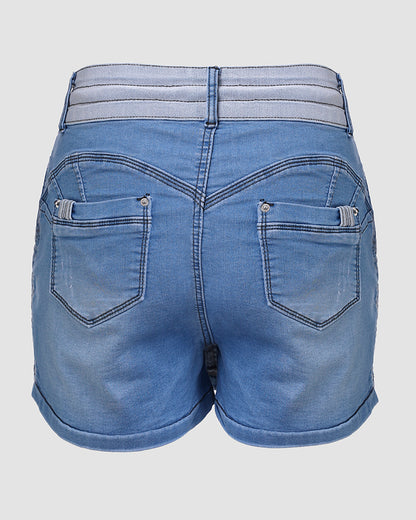 Contrast Paneled Zipper Fly Drawstring Elastic Waist Casual Denim Skort