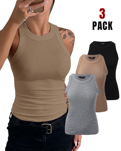 3 Pack Knit Round Neck Thick Strap Racerback Tank Tops(Without Pads)