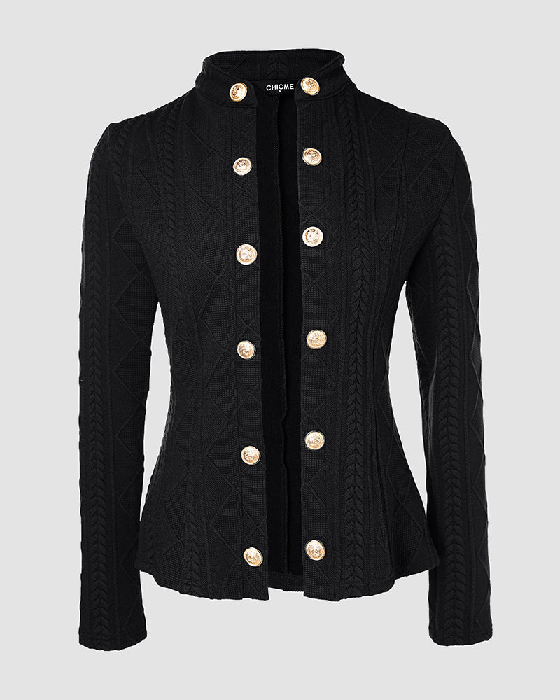 Metal Double Breasted Decor Stand Collar Argyle & Cable Textured Coat