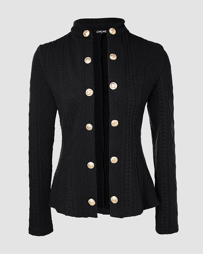 Metal Double Breasted Decor Stand Collar Argyle & Cable Textured Coat