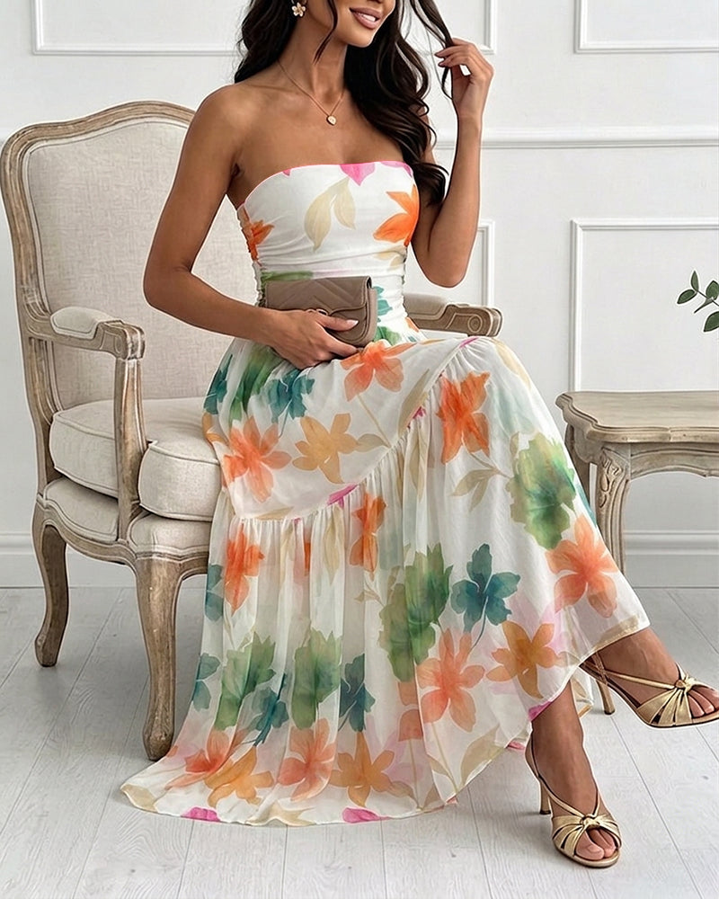 Women's Floral Strapless Maxi Dress Ruched Mesh Tube Vacation Dress Ruffle Hem A-Line Sundress with Detachable Clear Straps