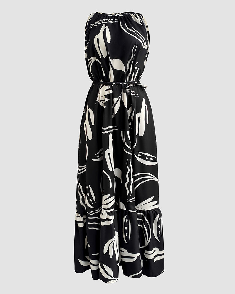 Plants Print Sleevless Hollow-out Back Tied Detail Maxi Dress Casual Ruffle Hem Vacation Dress without Belt