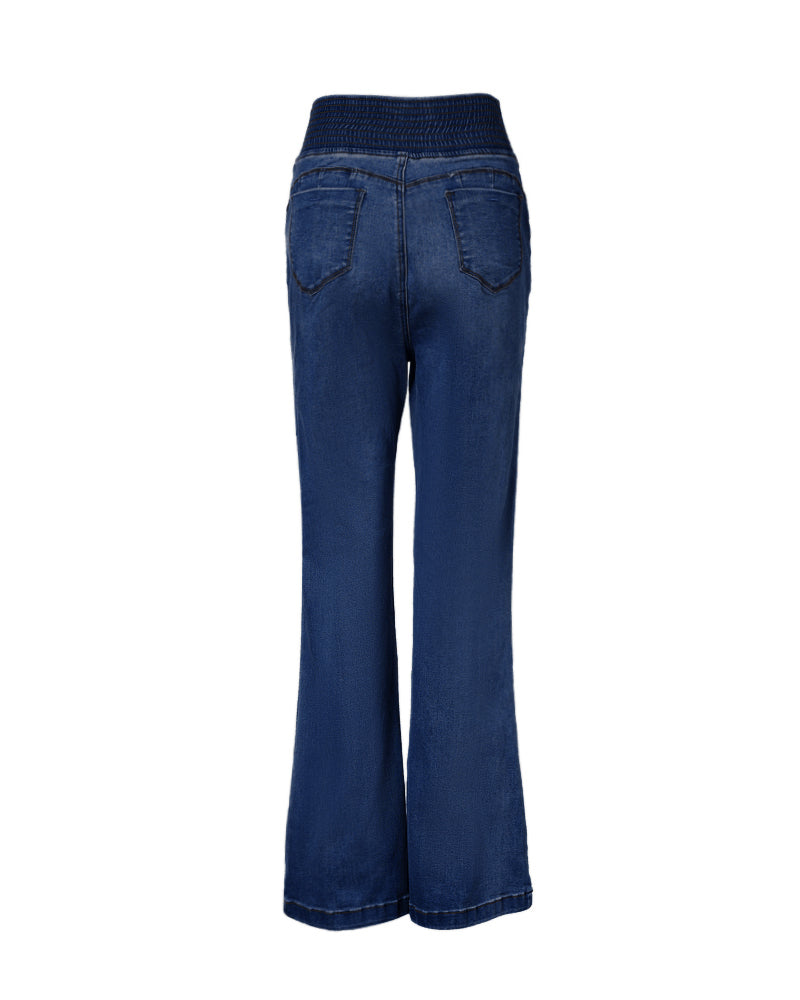 ChicMe CurveEase: vaqueros de talle alto con fruncido trasero, botones delanteros, corte ajustado y pierna acampanada