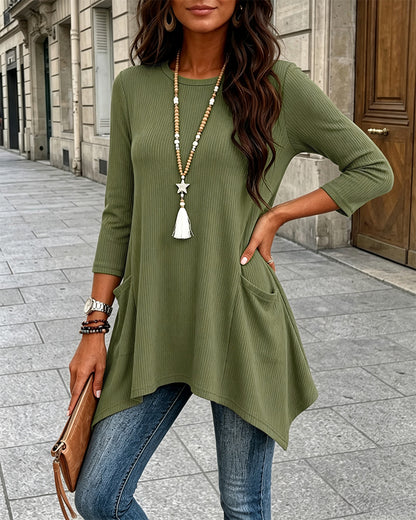 Women's Ribbed Asymmetrical Hem Top Crewneck Three Quarters Sleeve A-Line Casual Top
