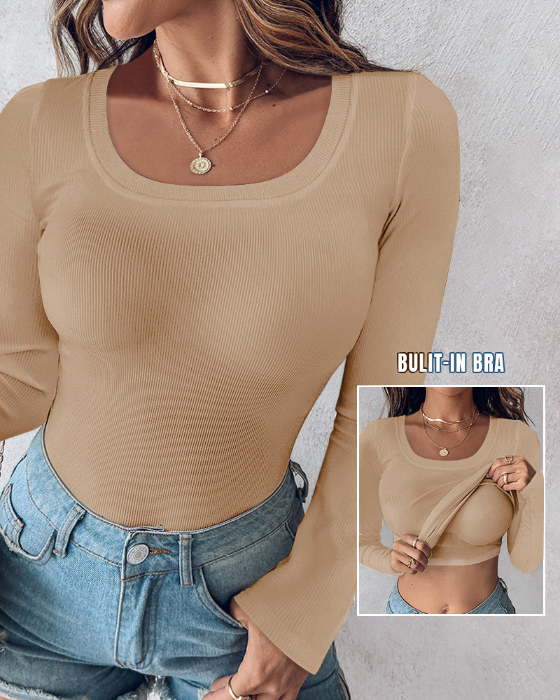 Chicme Built In Bra U Neck Long Sleeve Ribbed Top