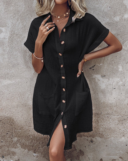 Women's Cotton Shirt Dress Casual Textured Short Sleeve Button Down Loose Mini Dress with Pockets