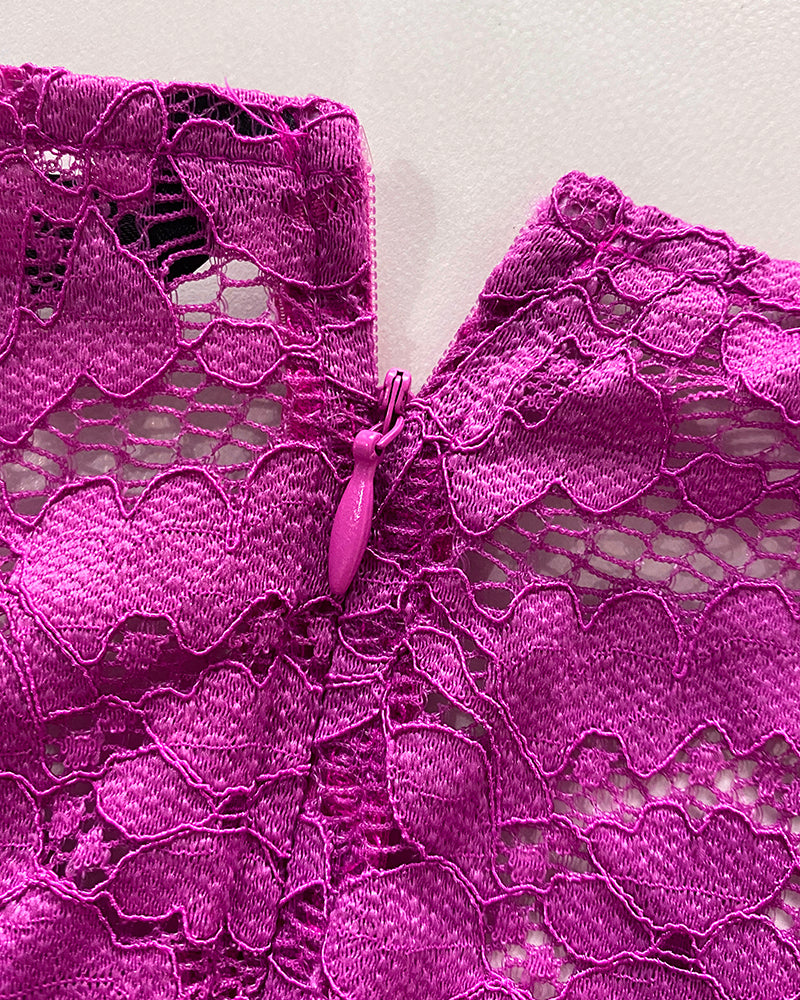 V Neck Scallop Trim Sleeve Lace Patchwork Bow Tie Waist Jumpsuit Casual Seam Front Zipper Back Wide Leg Jumpsuit