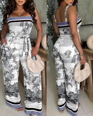 CHICME Women's Landscape Print Stretchy Straps Shirred Romper Convertible Strapless Wide Leg Bandeau Jumpsuit with Belt