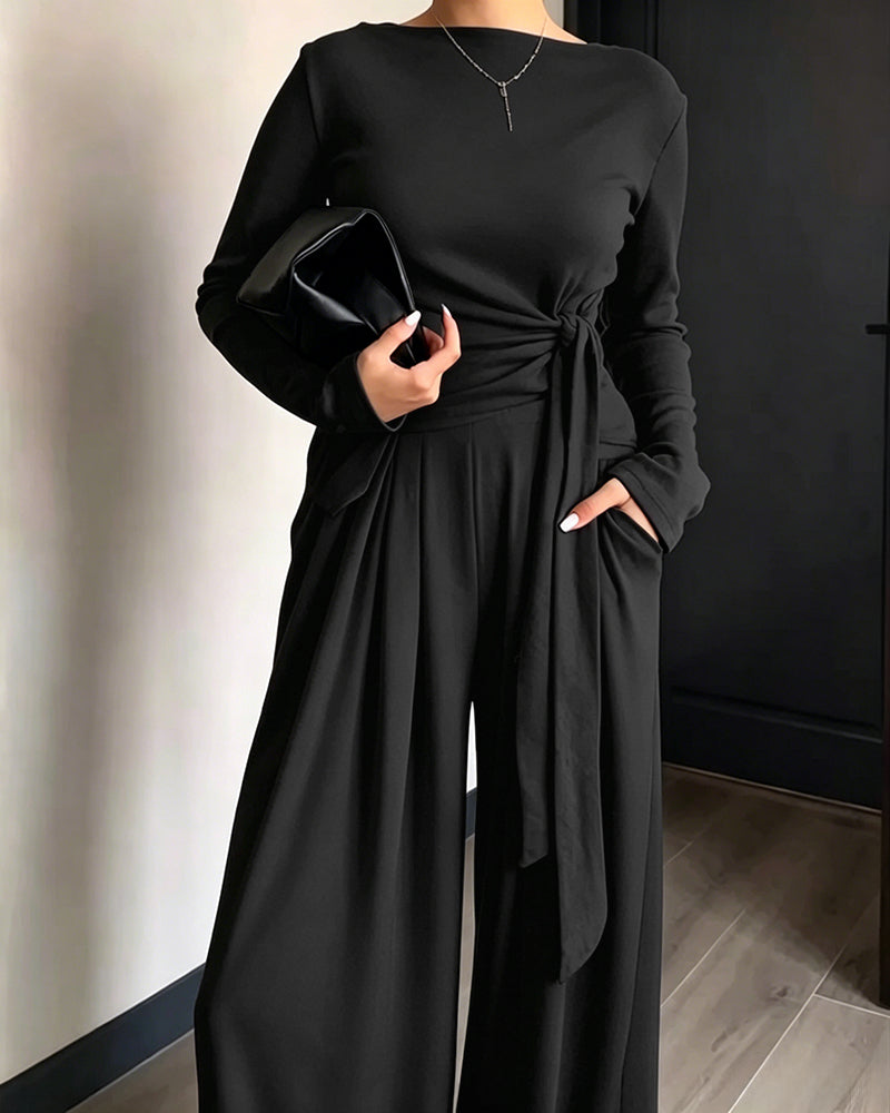 Women's 2 Piece Knit Lounge Set Long Sleeve Tie Waist Top and High Waisted Wide Leg Pants Casual Soft Sweatsuit with Pockets