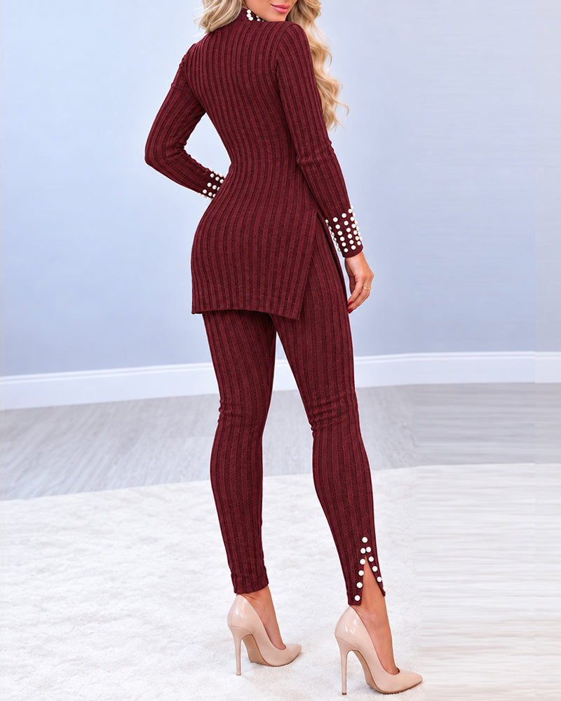 2 Pieces Outfit Mock Neck Long Sleeve Hollow-out Back Side Slit Longline Top and High Waist Slit Hem Pants Set Casual Pearls Decor Slim Fit Knit Lounge Set