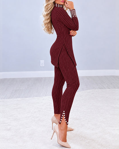 2 Pieces Outfit Mock Neck Long Sleeve Hollow-out Back Side Slit Longline Top and High Waist Slit Hem Pants Set Casual Pearls Decor Slim Fit Knit Lounge Set
