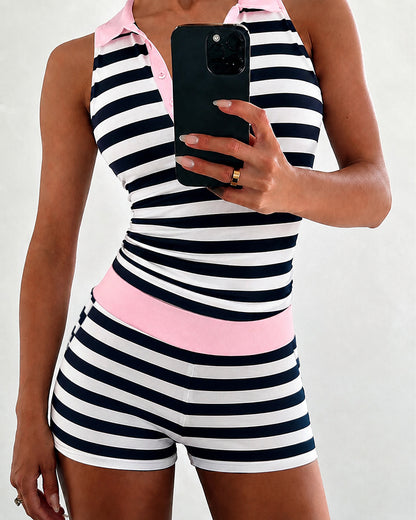 Women's 2 Piece Striped Slim Fit Outfit Sleeveless Polo Top and High Waisted Shorts Set