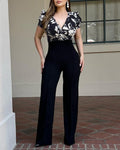 Colorblock Floral Print Spliced Deep V Neck Puff Sleeve Slim Fit Overalls Elegant Ruched Zipper Back Jumpsuit