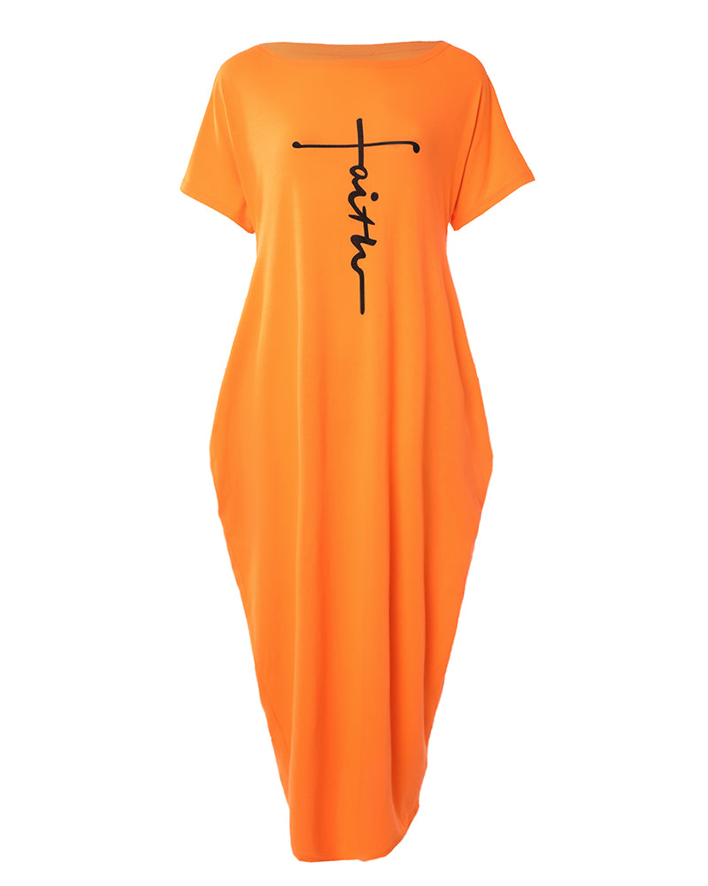 Letter Print Short Sleeve Maxi Dress