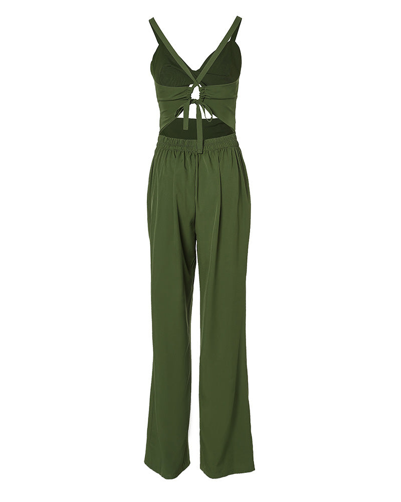 Women's Hollow Out Twist Front Jumpsuit Sexy Backless Criss Cross Tied Cami High Waist Straight Leg Overalls