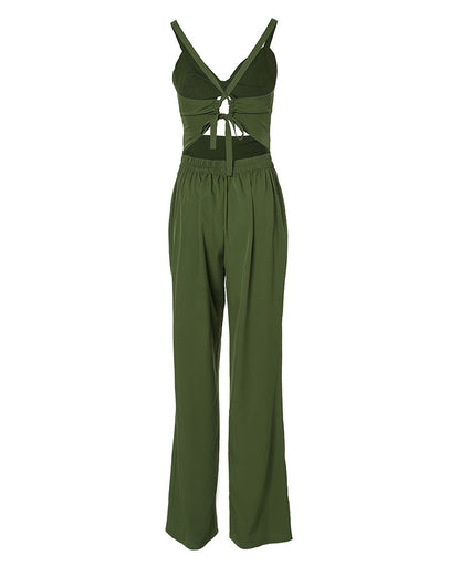 Women's Hollow Out Twist Front Jumpsuit Sexy Backless Criss Cross Tied Cami High Waist Straight Leg Overalls