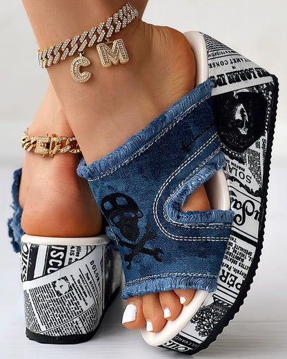 Newspaper Buckled Denim Wedge Slippers