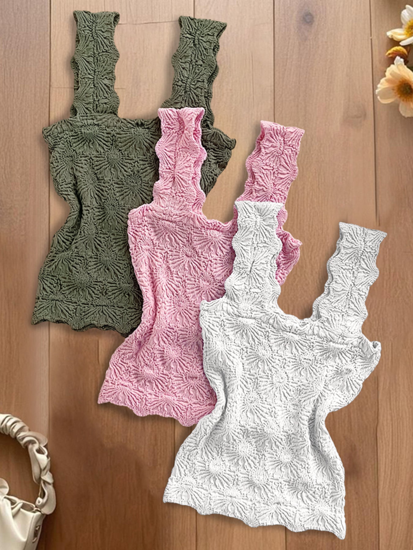 3-Pack Wide Strap Tank Tops Lettuce Trim Cami Tops with Floral Jacquard