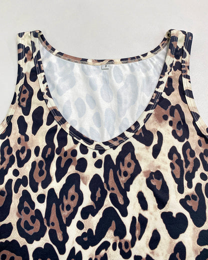 2 Piece Contrast Sequin Heart Pattern V-Neck Sweatshirt Leopard Print Sleeveless Tank Dress Set