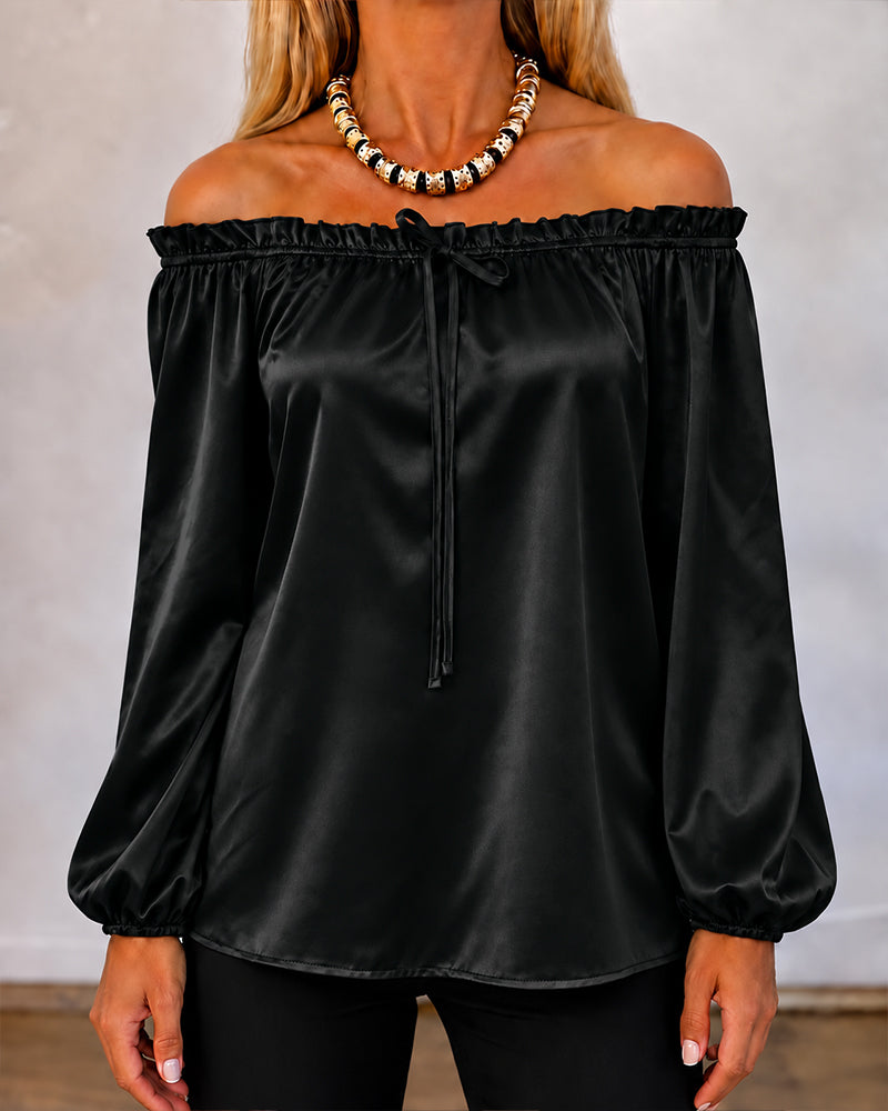 Women's Off Shoulder Satin Frill Trim Tie Front Lantern Sleeve Top
