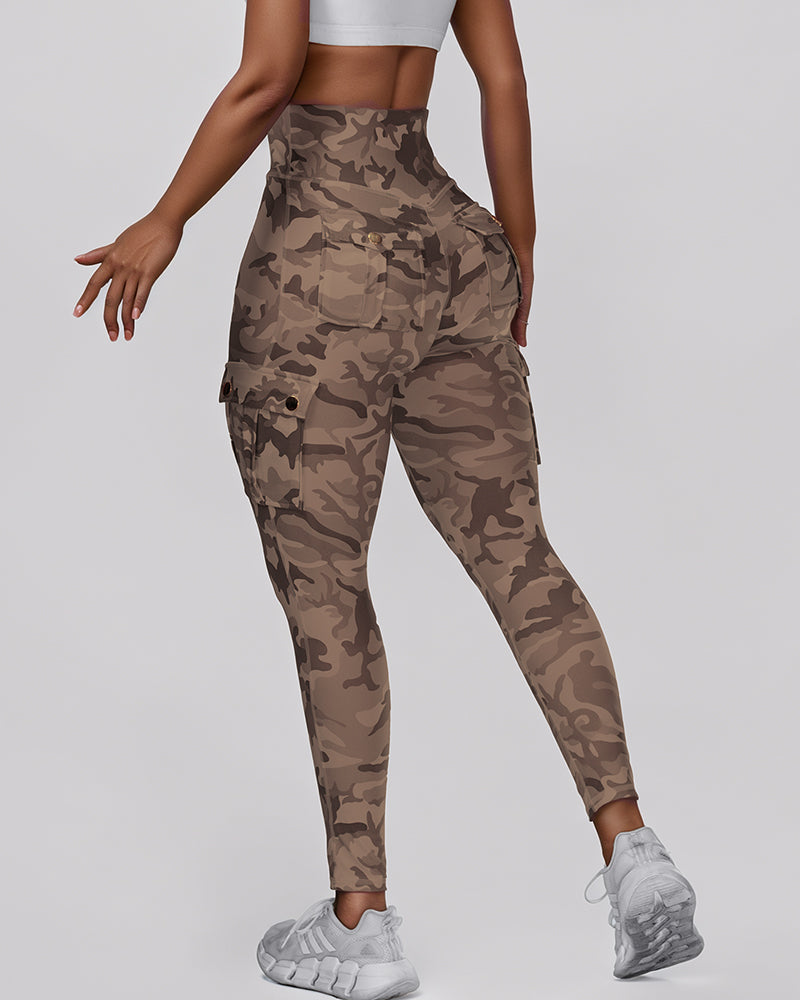 Camouflage Print High Waist Skinny Leggings with Cargo Flap Pockets Casual Pants