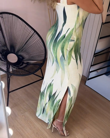 Plants Print Square Neck Thick Strap Maxi Dress Casual Slim Fit Side Slit Vacation Dress with Pockets