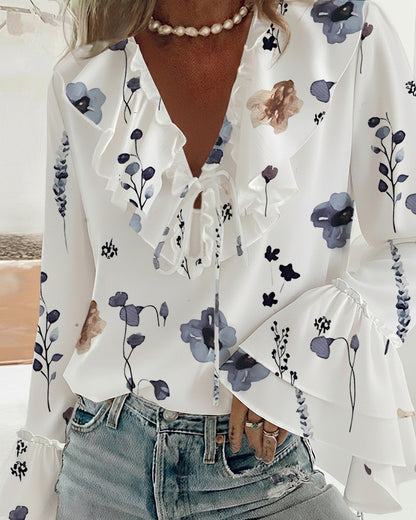 Watercolor Floral Print Ruffles Spliced V-Neck Long Sleeve Tie Font Blouse Casual Double Layer Flared Cuffs Loose Fit Top