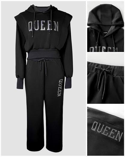 2 Pieces Outfit 3D Design Crop Drawstring Hoodie Top and Drawstring Elastic Waist Wide Leg Sweatpants Set Casual Rhinestone Letter Pattern Sweatshirt Set