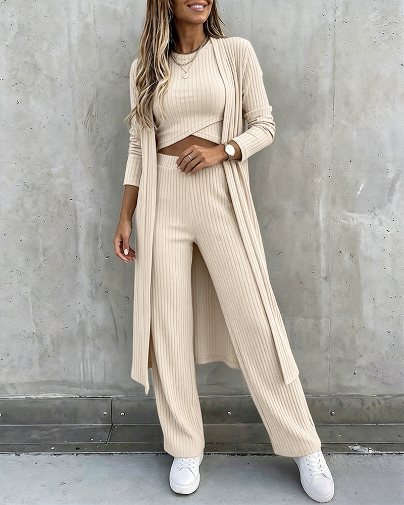 Women's 3 Piece Knit Set Long Cardigan Criss Cross Crop Tank Top and Wide Leg Pants Casual Ribbed Brushed Lounge Set